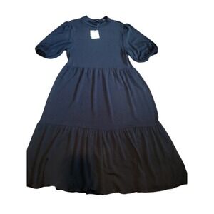 NEW ZARA Prairie Style Black Midi‎ Dress XL Women's Cottagecore Short Sleeve